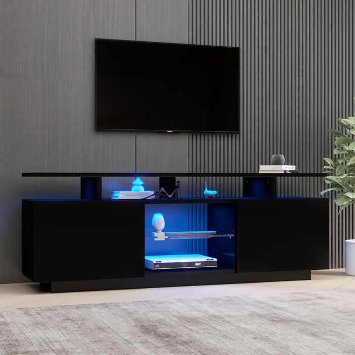 Meuble TV brillant LED 16 couleurs. 140×35×55 cm. pour TV jusqu’à 60 pouces. 1 étagère ouverte. buffet salon. Noir