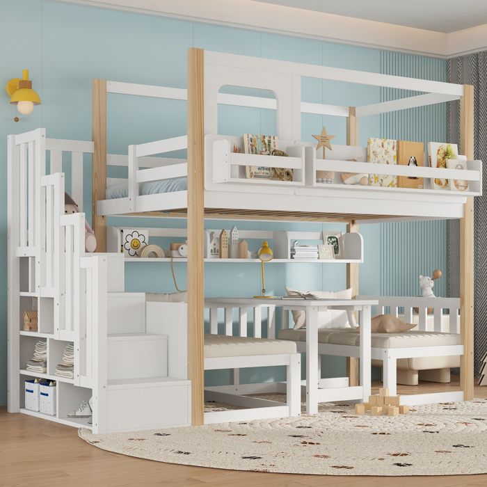 Lit Superposé Enfant 90x200 cm avec Table Réglable en Hauteur Escalier Rangement Bibliothèque Intégrée - Pin - Blanc et Naturel