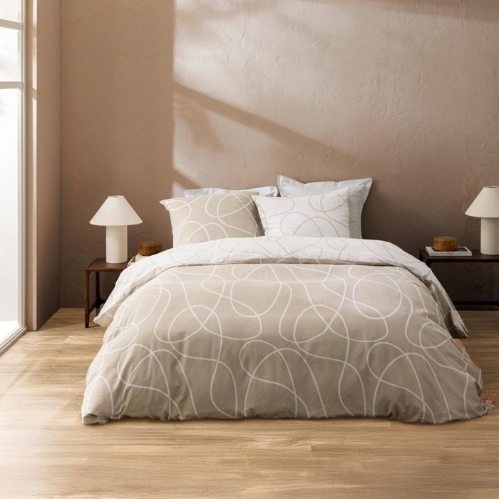 Parure de lit 3 pièces en coton relief trait design housse + taies Naturel 240x220 cm