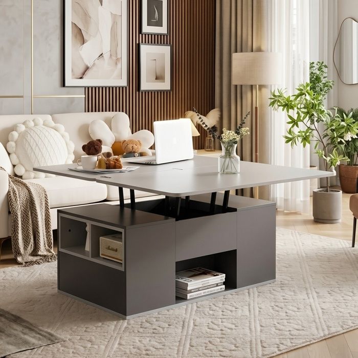 Table Basse Relevable Multifonction - 100x51x47cm - Double Plateau Gris avec Coffres Cachés et Tiroirs - Meuble Salon Moderne