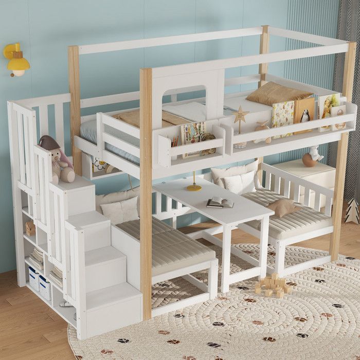 Lit superposé enfant - Table pliante multifonctionnelle - Escalier de rangement stable - Garde-corps de sécurité