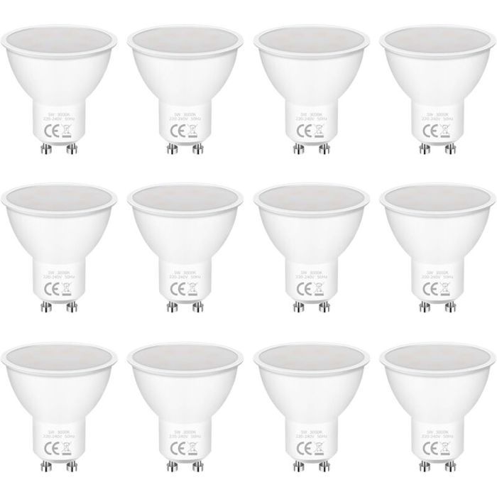 Lot de 12 Ampoules LED GU10 5W Equivalent 50W 3000K 400LM Angle de Lumière 120° AC 220-240V pour Chambre Salon Cuisine Jardin