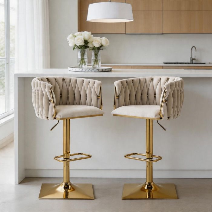 Tabouret de bar - Chaise pivotante - Velours ivoire - Dossier tissage - Hauteur réglable 87-105 cm