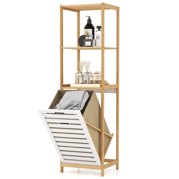 Meuble Colonne de Salle de Bain-COSTWAY-Armoire Haute avec 1 Panier à Linge 40L 3 Étagères-Bois-36 x 33 x 130 cm-Couleur Naturelle