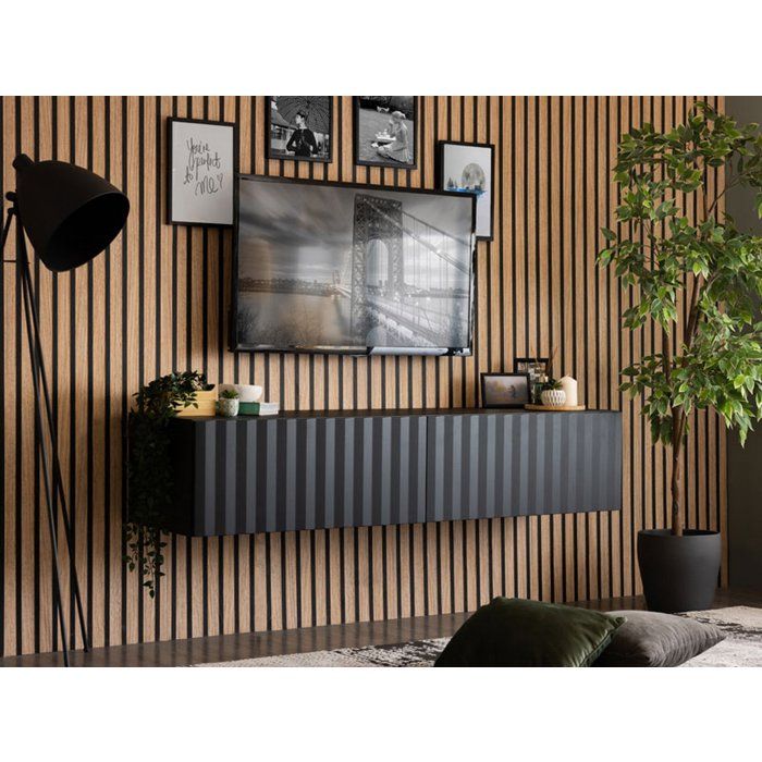 Meuble TV Maderno Dmora en bois mélaminé noir 154x42x32h cm Meuble TV Maderno Dmora en bois mélaminé noir 154x42x32h cm