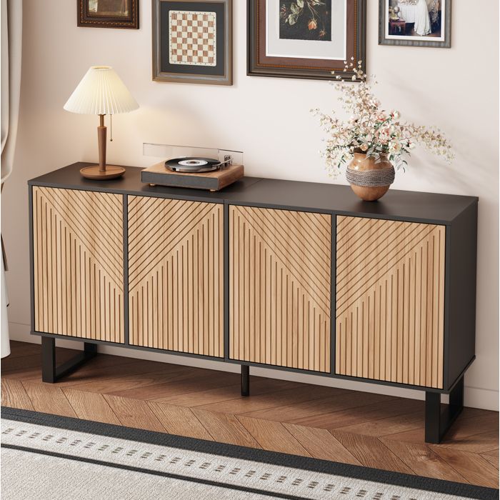 Meuble TV 160 cm 4 Portes et Rangements Ouverts Structure en fer - BEAUNIV - Moderne Salon MDF Noir et naturel