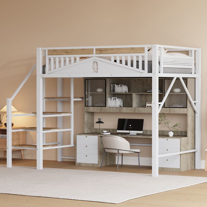lit mezzanine adulte rangement sous lit 140x200 métal et bois avec échelle sécurisée blanc EVRYAE