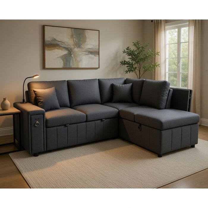 Canapé d’angle convertible - MINIMAL - L convertible - 5 places - pouf & 2 coussins - rangement + USB/Type‑C Canapé d’angle convertible - MINIMAL - L convertible - 5 places - pouf & 2 coussins - rangement + USB/Type‑C