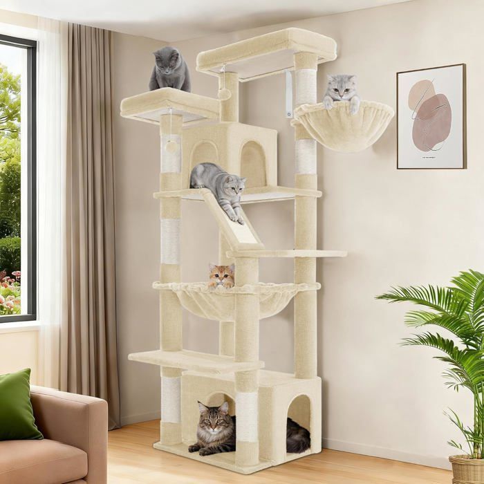 Arbre à Chat XL 183 cm Haut2 NichesUn Panier pour Chat Convient à Toutes Les Races de Chats Notamment Le Maine Coon Beige