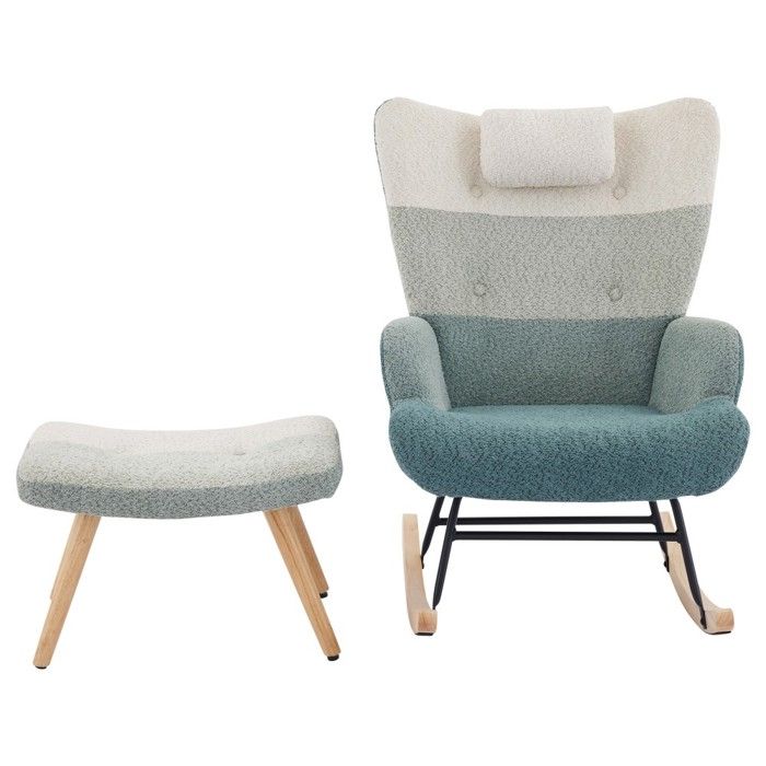 Fauteuil à bascule patchwork multicolore structure fer pieds hévéa avec repose-pieds pour salon chambre confort95x83x65.5cm