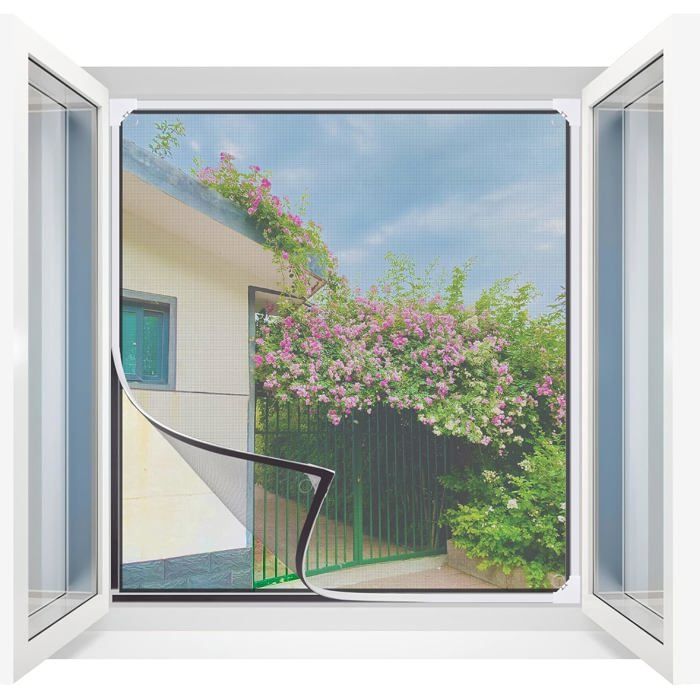 Moustiquaire fenêtre magnétique 130×150 cm fibre de verre bande adhésive aimants puissants cadre blanc maille grise