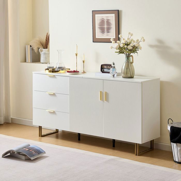MEULVA Buffet bas 160 x 40 x 81 5 cm blanc avec 3 tiroirs 2 portes poignées dorées en MDF