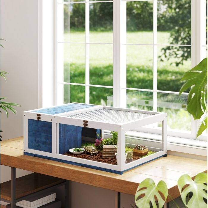 Terrarium pour tortue en bois extensible avec maisonnette toit ouvrant grillagé 91 x 605 x 32 cm bleu Grjofek