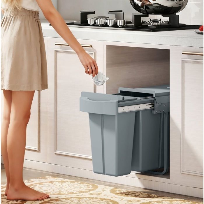 Poubelle coulissante encastrable sous meuble 30 L 2 bacs amovibles 20 L + 10 L couvercle métal gris ORVRYN
