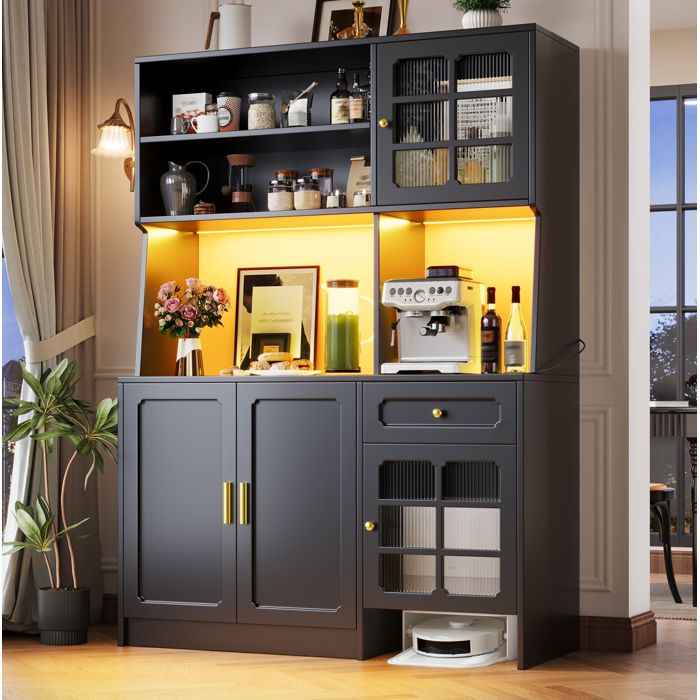 WOVREO Buffet de cuisine 130 x 45 x 180 cm avec portes vitrées LED tiroir et espace robot aspirateur noir