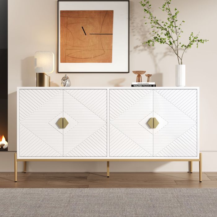 Buffet bas 4 portes avec grand rangement et pieds en métal - ELVMI - Moderne Salon Salle à manger Blanc 162×40×80 cm