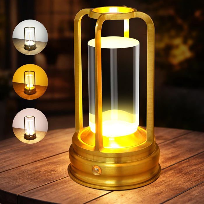 Lampe à poser LED tactile sans fil rechargeable 2000 mAh 3 couleurs aluminium doré portable extérieur