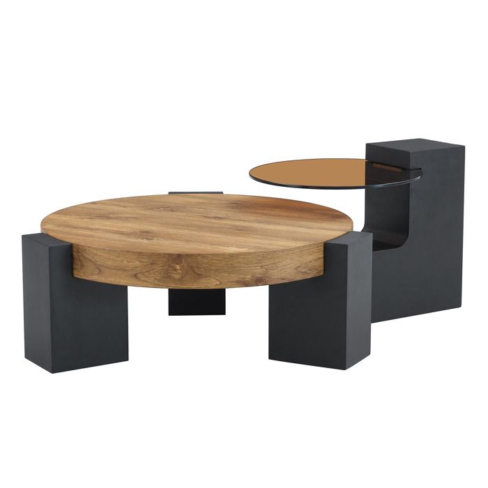 Set de tables basses - FURNITURER - Ø61/44 cm - Plateau effet pierre & verre - Noir/Bois clair - Design contemporain Set de tables basses - FURNITURER - Ø61/44 cm - Plateau effet pierre & verre - Noir/Bois clair - Design contemporain