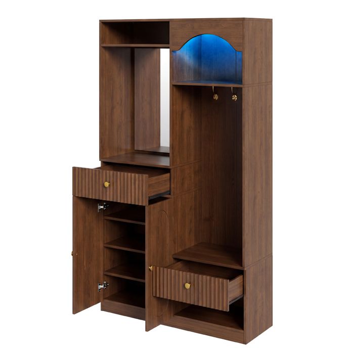 Vestiaire dentrée – Meuble dentrée – miroir pleine longueur – banc dassise – LED – Noyer