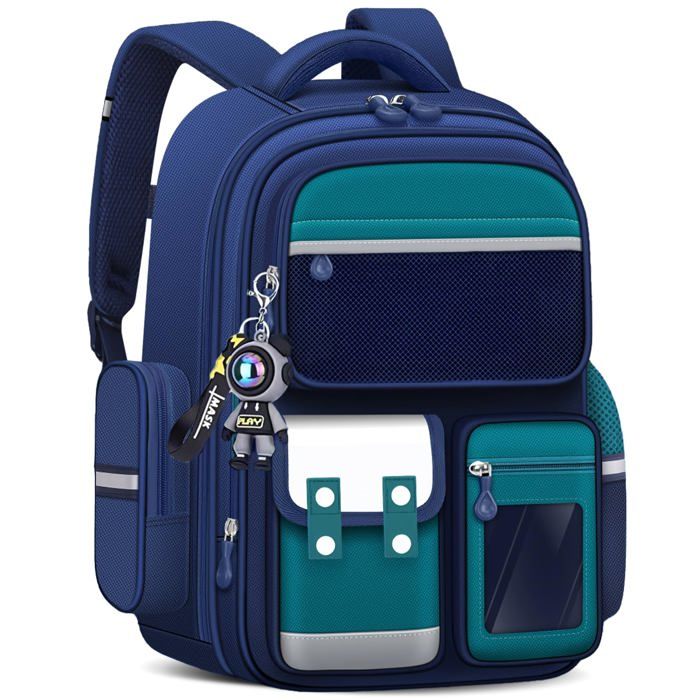 Cartable Garçon CE2-CM2 8-12 Ans Multi-compartiments Réfléchissant pour Primaire - Vert Aucunely