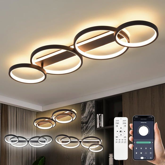 Plafonnier LED Dimmable 48W Télécommande APP 3000K-6500K 4 Anneaux Ronds Design Noir Lustre pour Chambre Cuisine Couloir Bureau