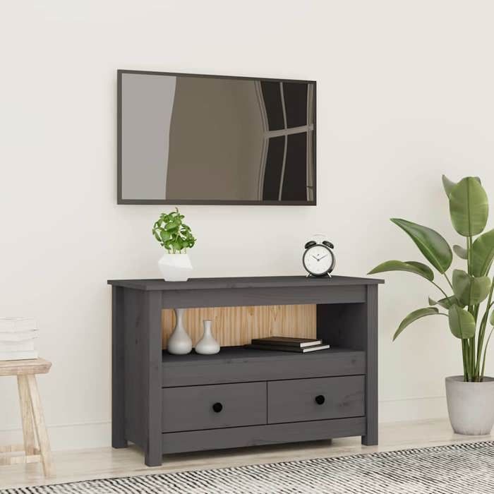 Meuble HIFI - Meuble TV Gris 79 x 35 x 52 cm en bois de pin massif et métal avec 2 tiroirs pour Salon 929561