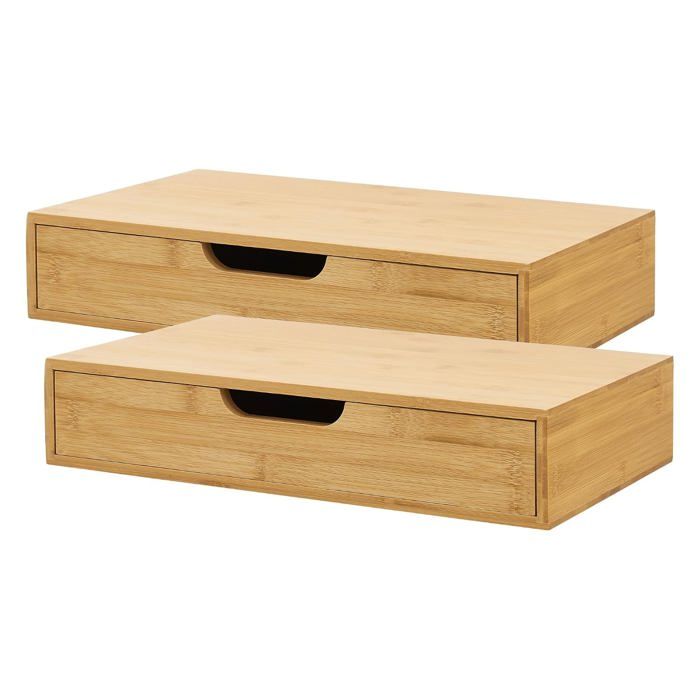 Lot de 2 étagères murales bambou avec tiroir table de chevet suspendue finition naturel charge 5 kg 40 x 24 x 8 cm