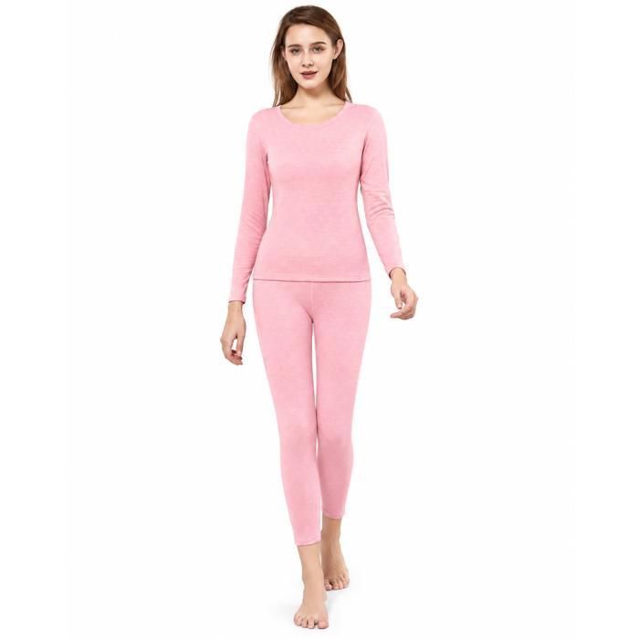 ENSEMBLEDE VETEMENTS DE SPORT Ensemble thermique femme col rond doublé polaire haut et legging rose M-3XL sous-vêtement chaud hiver