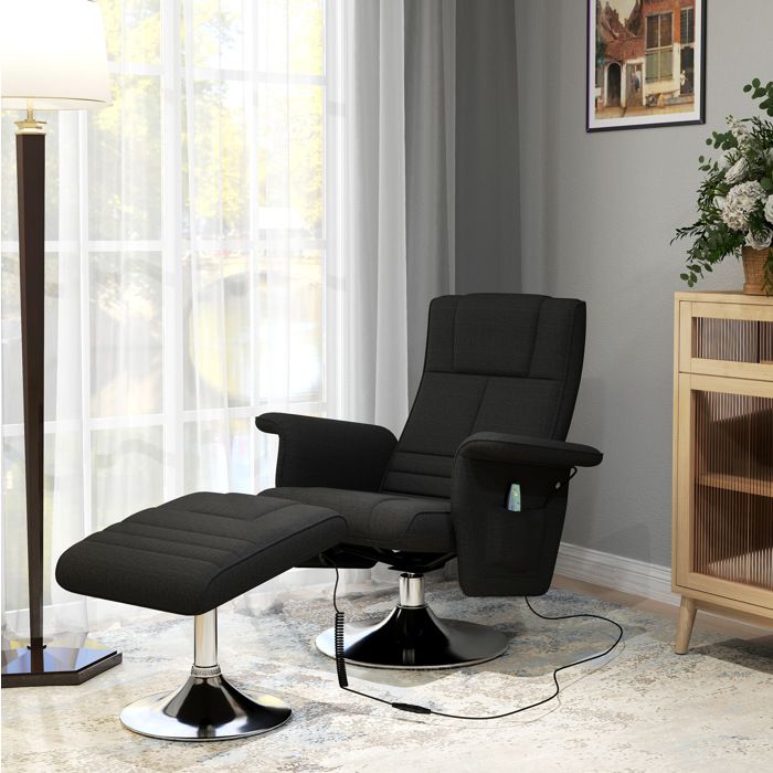 Fauteuil Massant Pivotant 1 Place Dossier Inclinable 135° avec Repose-pieds Tissu Aspect Lin Acier Noir