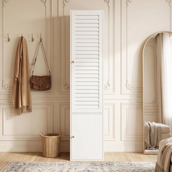 Armoire avec porte à persiennes 1 tringle à vêtements et 3 compartiments de rangement porte pivotante 45x50x200 cm pour Chambre