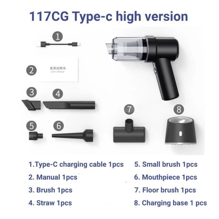 Aspirateur à Main Sans Fil 8000 Pa - 2 En 1 Humide/sec, Avec 5 Accessoires, Pour Voiture, Canapé, Clavier