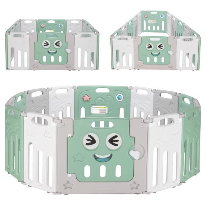 Parc Bebe En Plastique 12 2 Elements Avec Panneaux D Activite Et Porte Barriere Securite Enfant Pliable Blanc Gris Et Vert Cdiscount Puericulture Eveil Bebe