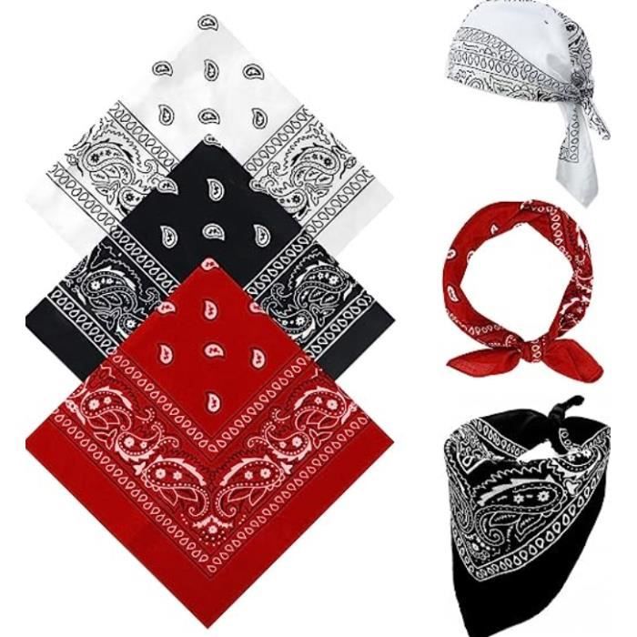 Lot de 3 Bandanas - Classique - 55 x 55 cm - Coton - Rouge Blanc Noir - Mixte
