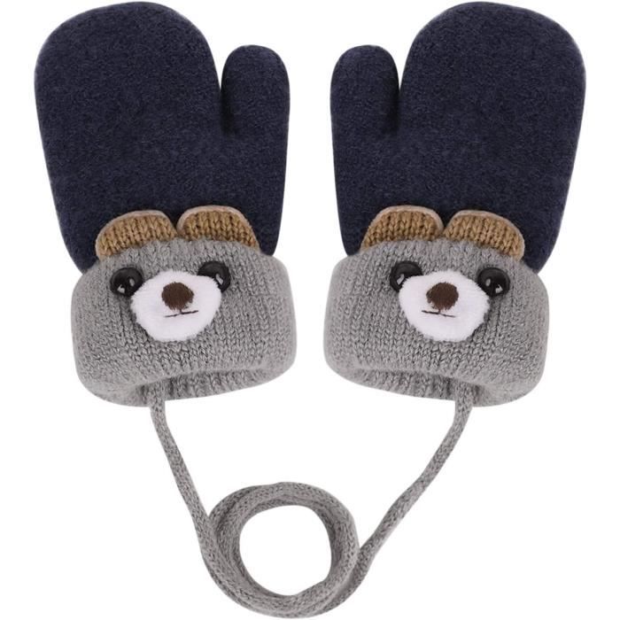 Moufles d'hiver pour Bébé 0 à 3 ans Enfant Garçon Fille Moufles Tricot Ours  Gants avec Corde Epais Mitaines Polaire,Bleu foncé - Cdiscount Prêt-à-Porter