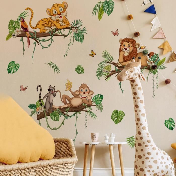 Stickers Muraux Animaux Jungle - Safari Girafe, Lion, éléphant - 2 Planches 30x90 Cm - Vinyle Amovible