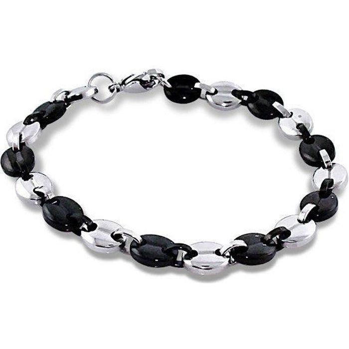 Bracelet homme en maille grains de café bicolore acier et noir 20cm