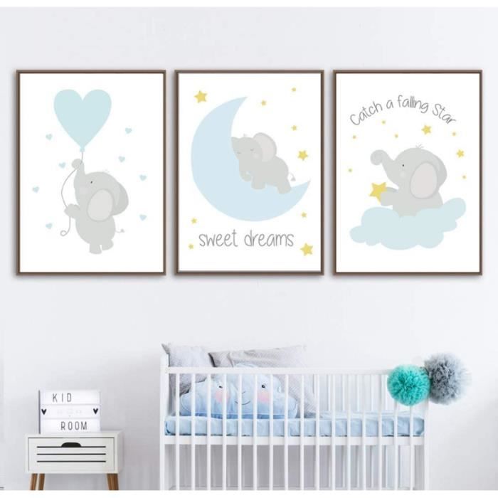 Lot De 3 Tableaux Decoratifs Pour Chambre De Bebe Ou D Enfant Posters Elephant Ballon Lune Etoile Nuage Affiches Bleu Cadeaux 50 70 Cdiscount Maison