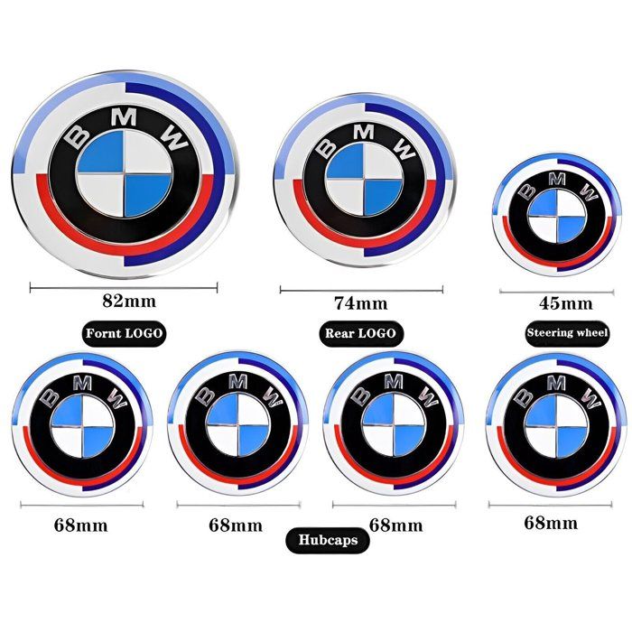 PERSONNALISATION VEHICULE - DECORATION VEHICULE KIT 7 Badge LOGO Embleme BMW Édition 50e Anniversaire Capot 82mm+ Coffre 74mm