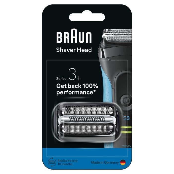 Tête de rasoir BRAUN Series 3+ - 2 grilles - Peigne MicroComb - 100 % fabriqué en Allemagne