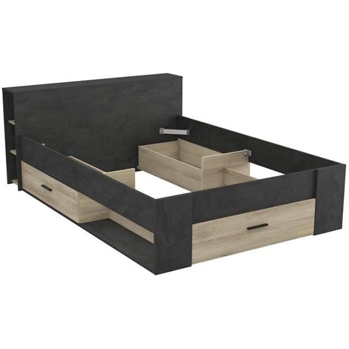 Lit 140x190 cm Pocket naturel et noir - Demeyere - Contemporain - Avec tiroirs - Tête de lit avec étagères