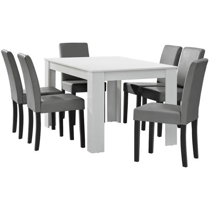 en.casa Table à manger blanc mat avec 6 chaises gris brilliant cuir synthétique rembourré 140x90