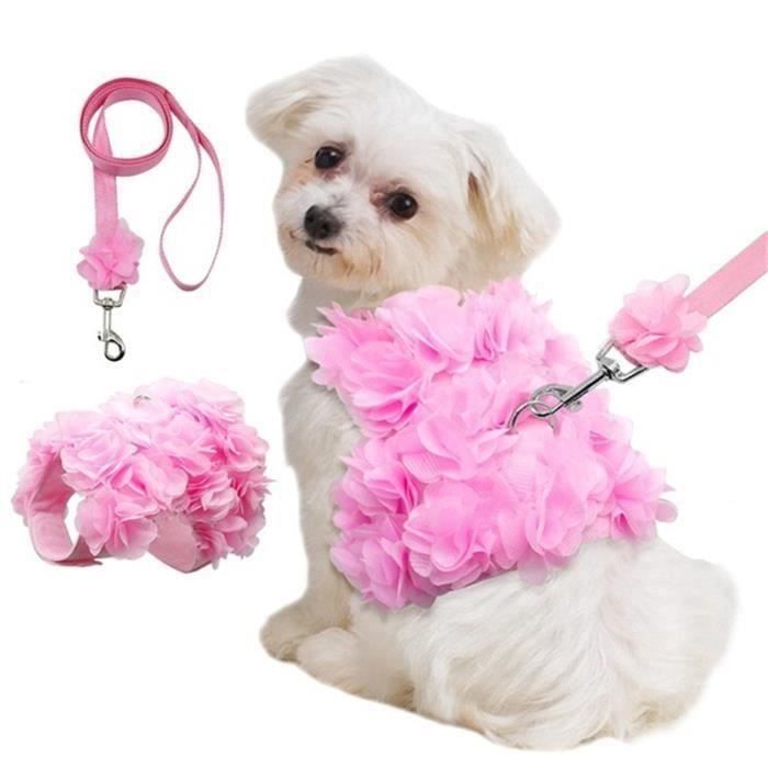 HAPPY-Réglable petits chiens chats gilet harnais sangle respirant fleur rose harnais pour animaux de compagnie laisse laisse S