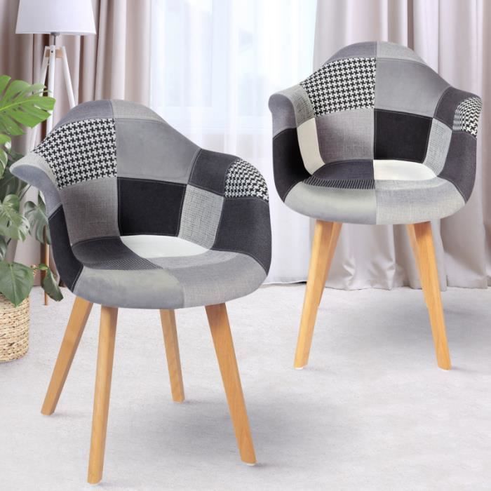 lot de 2 chaises de salle à manger scandinaves sara motifs patchworks noirs, gris et blancs