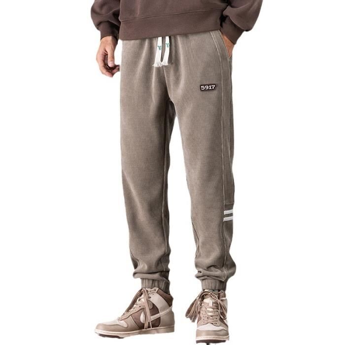 Pantalon en velours cotele homme taille cheville elastiquee mode sport jogging Kaki fonce