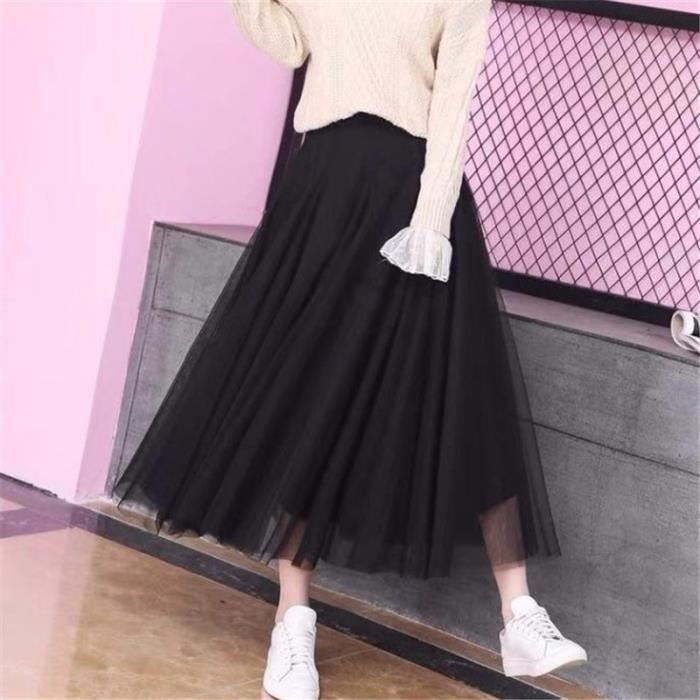 Jupe longue plissee en tulle pour femme grande taille taille haute noire rose elegante maxi printemps ete maille Black E4565 Blanc Cdiscount Pret a Porter