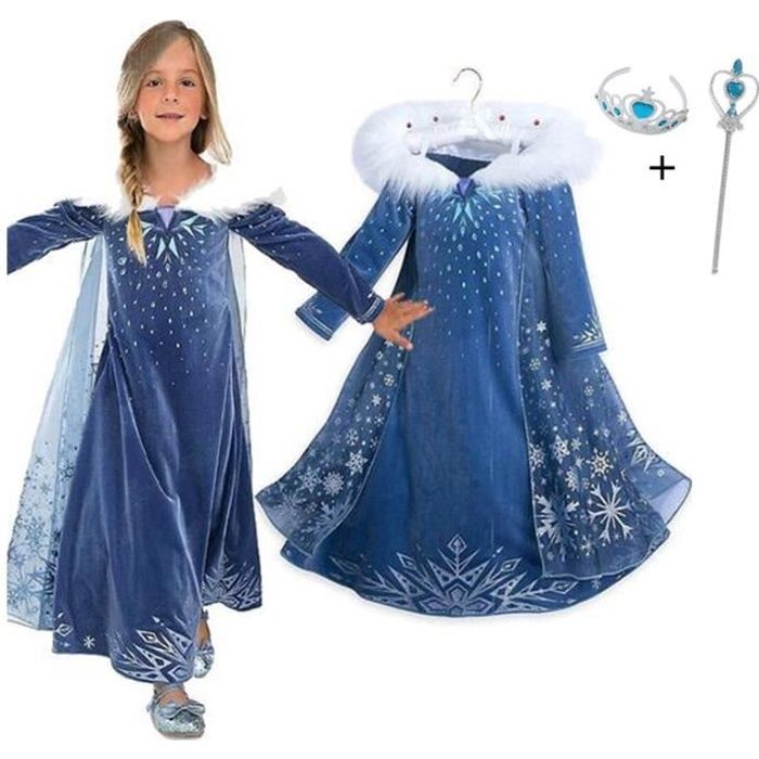 L'hiver Déguisement Elsa Princesse filles Cosplay Costume Luxe robe de bal  avec Couronne Baguette