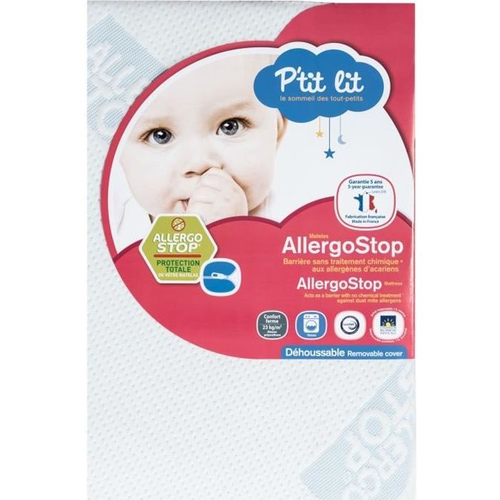 Matelas bébé P'TIT LIT AllergoStop - Anti-acariens - Déhoussable - Respirant - 70x140x12cm