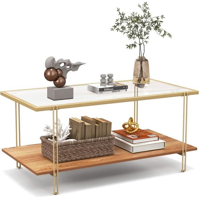LIFEZEAL Table Basse à 2 Niveaux Moderne en Imitation Marbre, Table de Salon Structure en Métal Noir, Meuble de Salon 100 x 50 x 45 cm, pour Chambre, Salon, Bureau (Blanc+Noir