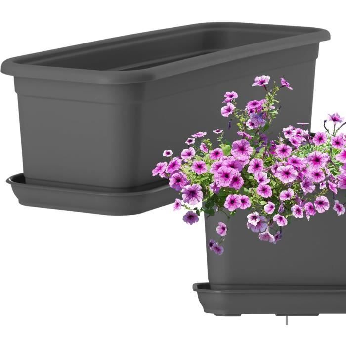Jardinières Rectangulaires Avec Soucoupes - Lot De 2, 80x18,7x14,7 Cm - Plastique Blanc Résistant UV