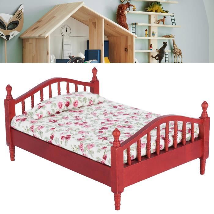 WANGCL Lit Double Miniature 1/12 En Bois Pour Maison De Poupée – Motif Floral, Dimensions 160x120x80 Mm – Meuble Barbie Et Accessoire Décoratif